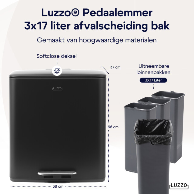 Luzzo ® pedaalemmer 51 liter 3x17 ltr afvalbak afvalscheiding - 3059051 large