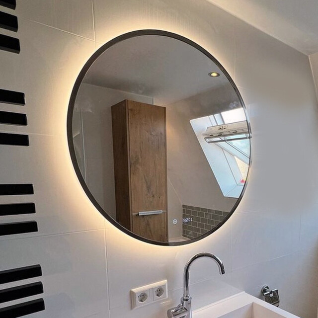 Vtw Living Badkamerspiegel rond 80 cm met verlichting en verwarming metalen rand - 3059291 large