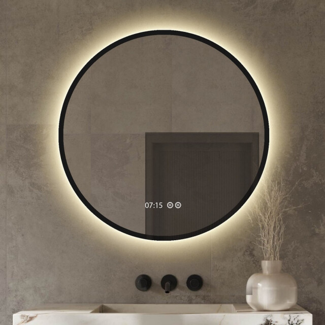 Vtw Living Badkamerspiegel rond 80 cm met verlichting en verwarming metalen rand - 3059291 large