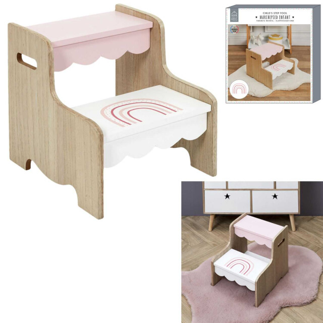 Home Deco Factory Houten kinderopstapje regenboog design roze wit 33 cm 3056989 large