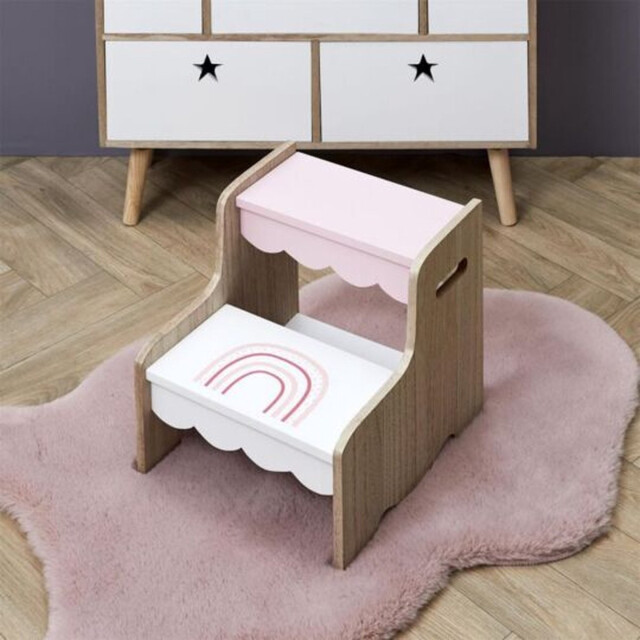 Home Deco Factory Houten kinderopstapje regenboog design roze wit 33 cm 3056989 large