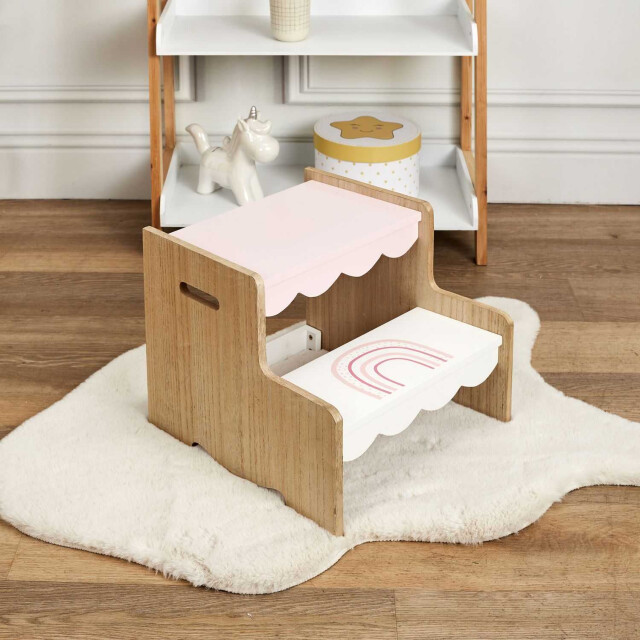 Home Deco Factory Houten kinderopstapje regenboog design roze wit 33 cm 3056989 large