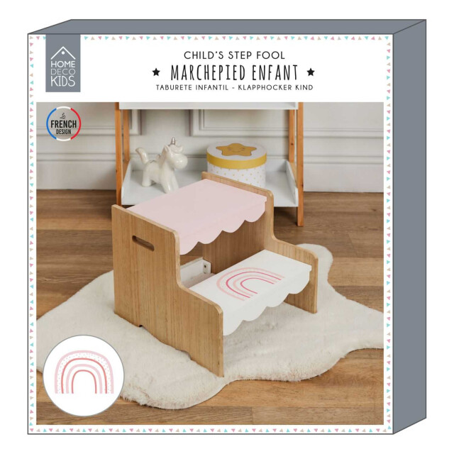 Home Deco Factory Houten kinderopstapje regenboog design roze wit 33 cm 3056989 large
