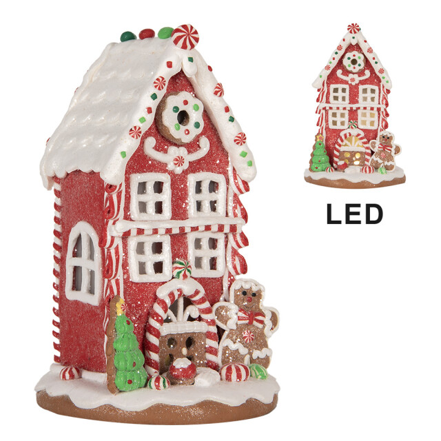 Clayre & Eef Gingerbread house met led 14x14x22 cm rood kunstleer metaal 3059621 large