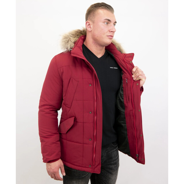 Beluomo Rode winterjas grote bontkraag parka 5191R large
