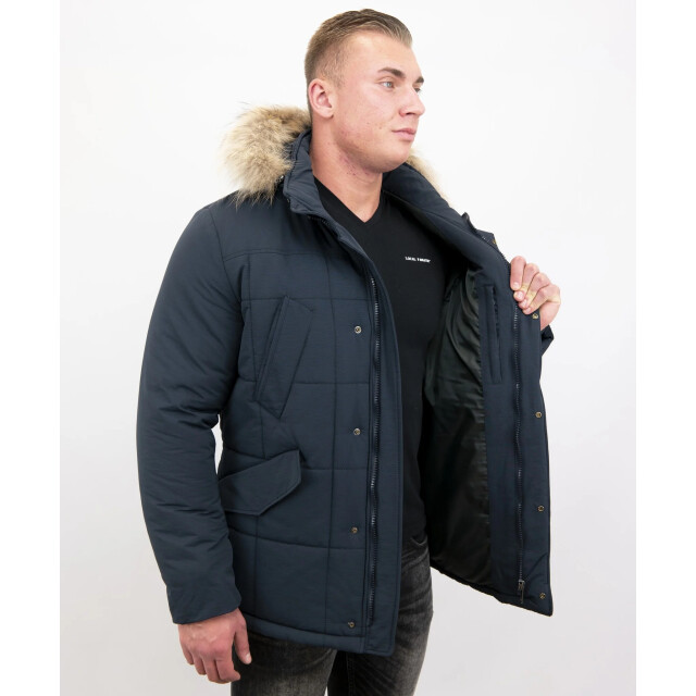 Beluomo Lange donker winterjas parka met bontkraag 5192B large