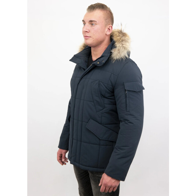 Beluomo Lange donker winterjas parka met bontkraag 5192B large