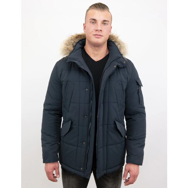 Beluomo Lange donker winterjas parka met bontkraag 5192B large
