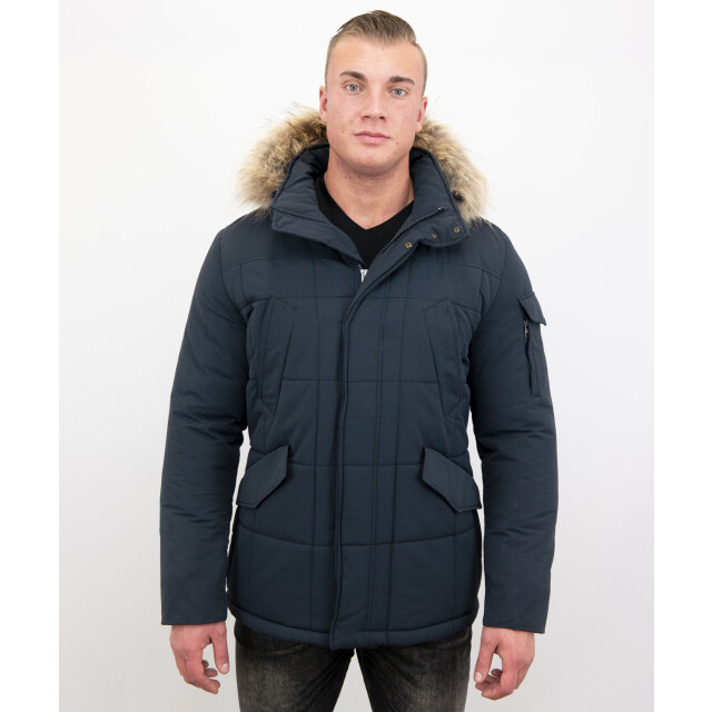 Beluomo Lange donker winterjas parka met bontkraag 5192B large
