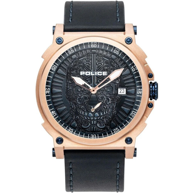 Police Leren horloge met goudkleurige kast 53mm Police Zwarte Leren Horloge Met Goudkleurige Kast 53MM large
