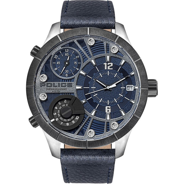 Police Leren horloge met stalen kast en unieke sluiting Police Blauwe Leren Horloge met Stalen Kast en Unieke Sluiting large