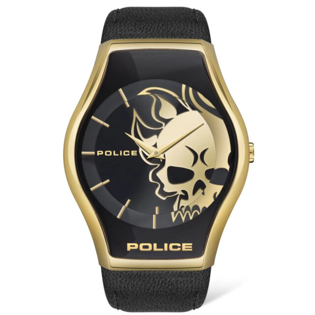 Police Leren horloge met gouden kast en quartz mechanisme Police Zwarte Leren Horloge met Gouden Kast en Quartz Mechanisme large