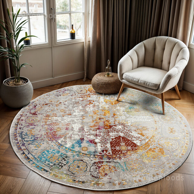 Muratap Picasso feraghan vintage rond vloerkleed multi / beige laagpolig- 1130174 large