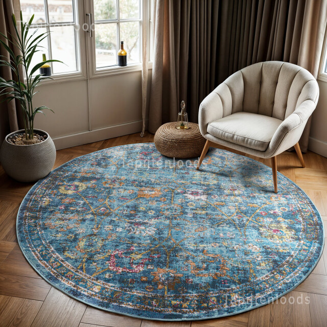 Muratap Picasso sarough vintage rond vloerkleed blauw laagpolig- 160 cm 2877801 large