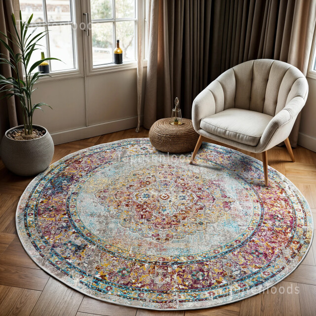 Muratap Picasso keshan vintage rond vloerkleed multi / beige laagpolig- 1130118 large