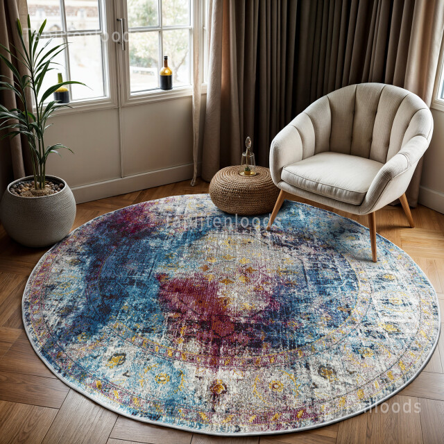 Muratap Picasso heriz vintage rond vloerkleed multi / blauw laagpolig- 300 2438919 large