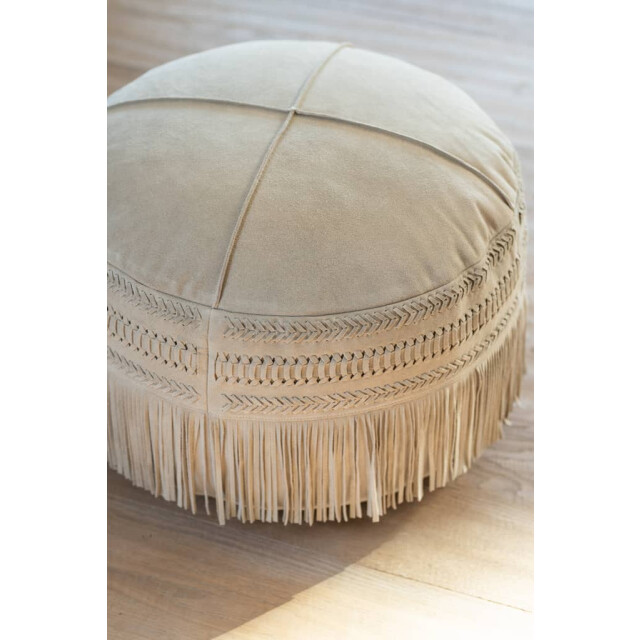 J-Line Poef franjes rond leer licht 98252 large