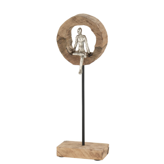 J-Line Figuur denker ring hoog mangohout aluminium naturel zilver 96285 large