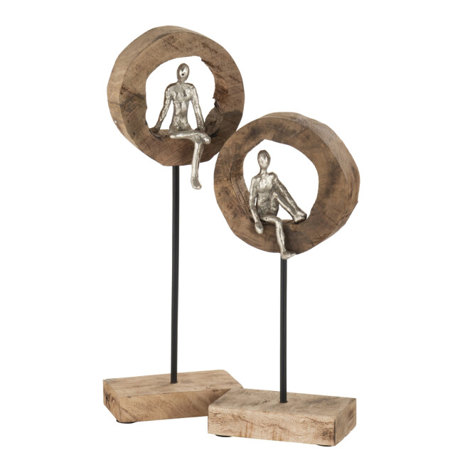 J-Line Figuur denker ring hoog mangohout aluminium naturel zilver 96285 large