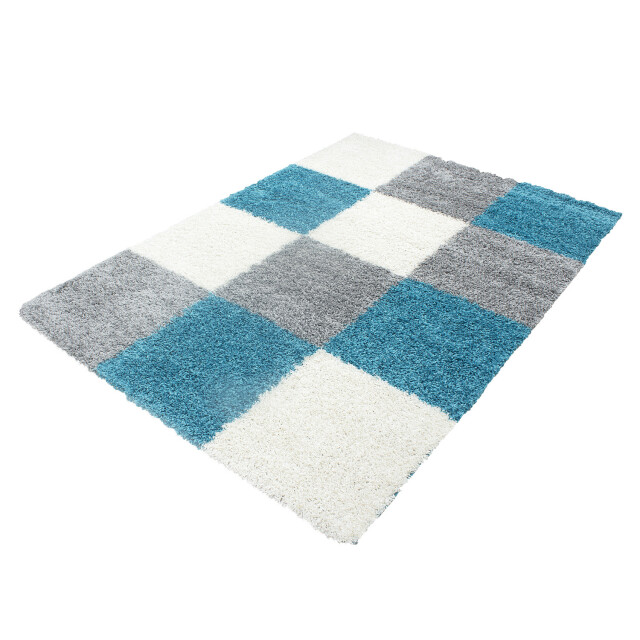 Muratap Basic shaggy geblokt vloerkleed turquoise / wit hoogpolig- 80x250 1128557 large