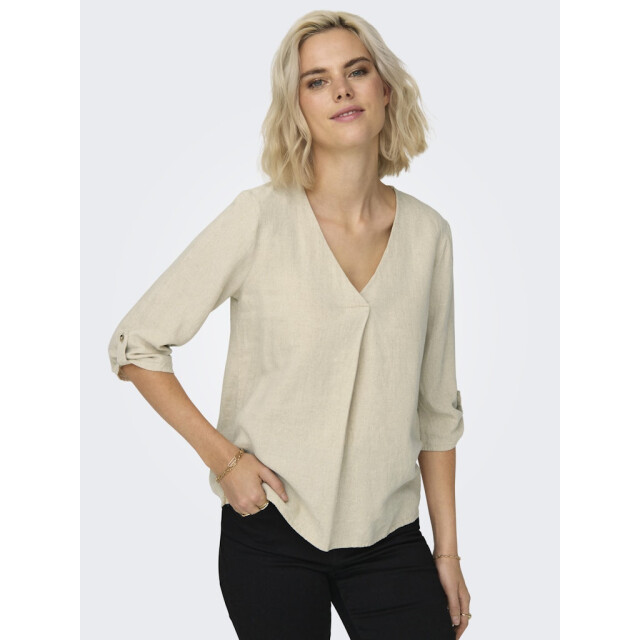 Jacqueline de Yong say 3/4 linen v-neck top wvn dia 15317390 oatmeal 06615.941.0003 large