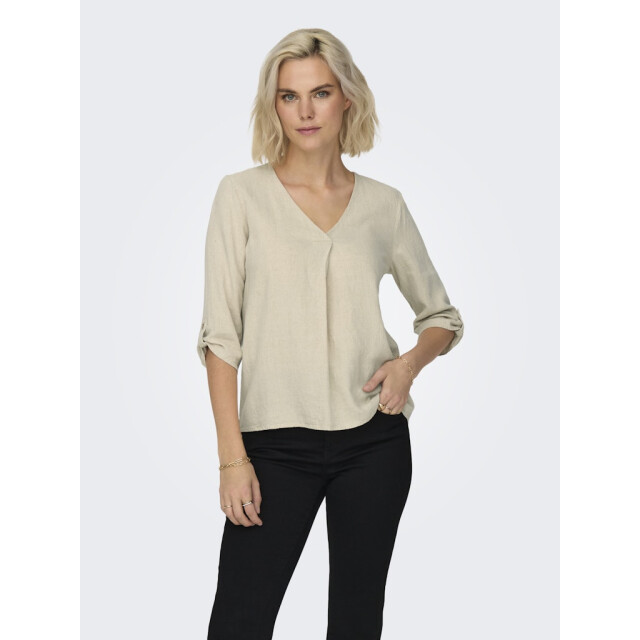 Jacqueline de Yong say 3/4 linen v-neck top wvn dia 15317390 oatmeal 06615.941.0003 large
