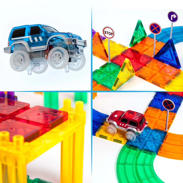 Picasso Tiles Picassotiles magnetische tegels racebaan met led-auto's 50 stuks PTR50 large