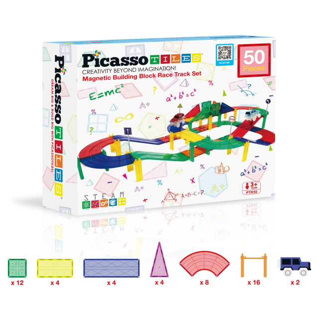 Picasso Tiles Picassotiles magnetische tegels racebaan met led-auto's 50 stuks PTR50 large