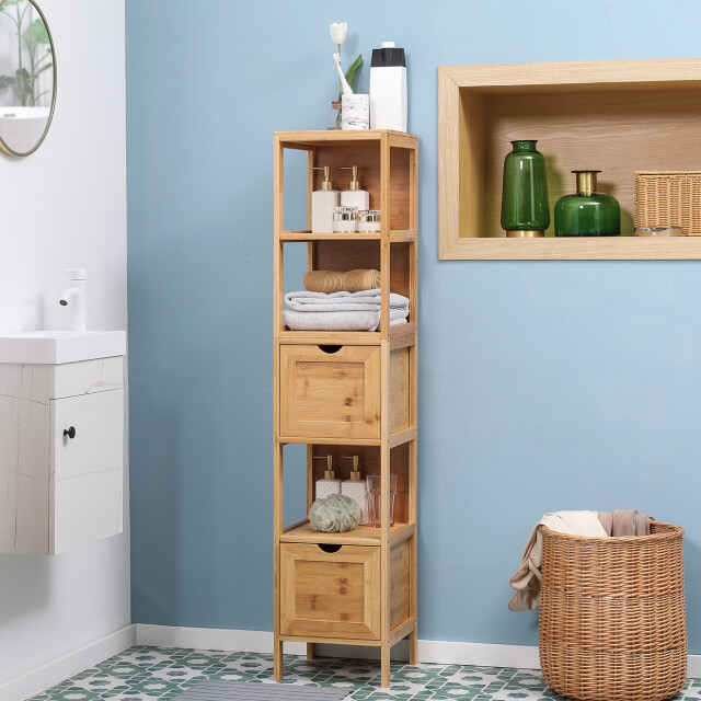 4goodz Bamboe badkamerkast 2 lades en plank 30x30x90 cm - 3079377 large