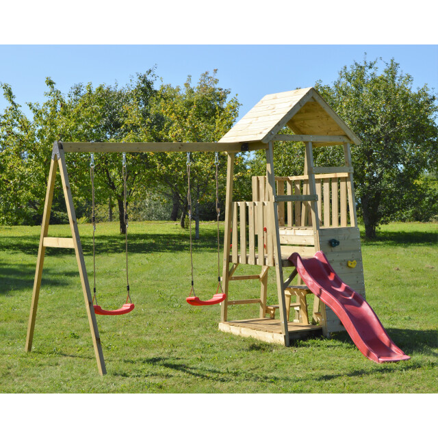 Wendi Toys Houten speeltoren flamingo | met glijbaan, klimwand, 2 schommels & 3047874 large