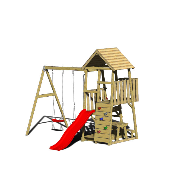 Wendi Toys Houten speeltoren flamingo | met glijbaan, klimwand, 2 schommels & 3047874 large