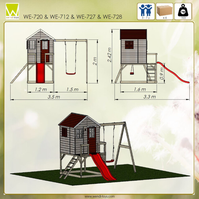 Wendi Toys Wtm24 houten speelhuis met glijbaan en schommel | 330x350x242 cm 3047873 large