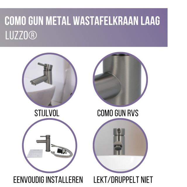 Luzzo ® como gun metal rvs wastafelkraan laag zilver 3047856 large