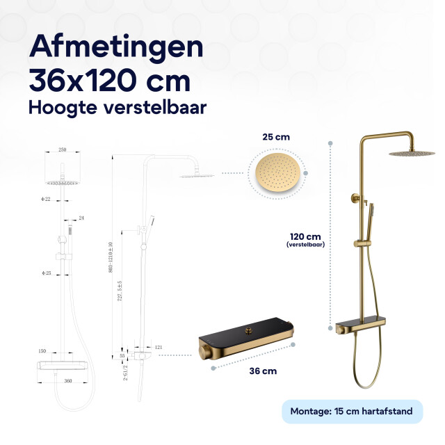 Luzzo ® varese brushed brass regendouche thermostaat met planchet 3047847 large