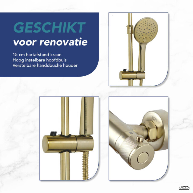 Luzzo ® pvd regendouche brushed brass met thermostaatkraan 25cm 3047808 large