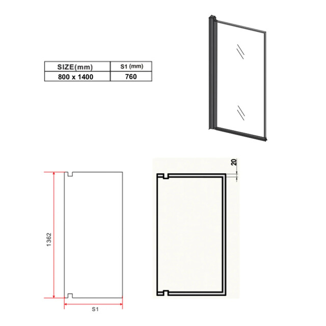 Badplaats Badwand fes 80 x 140 cm zwart badscherm draaibaar 5 mm dik - 3181426 large