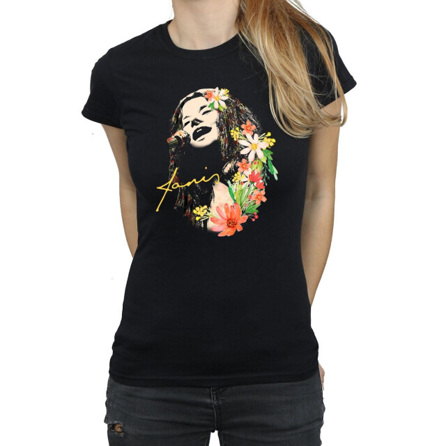 Li-cense Janis joplin dames t-shirt katoen met bloemmotief UTBI37415_black large