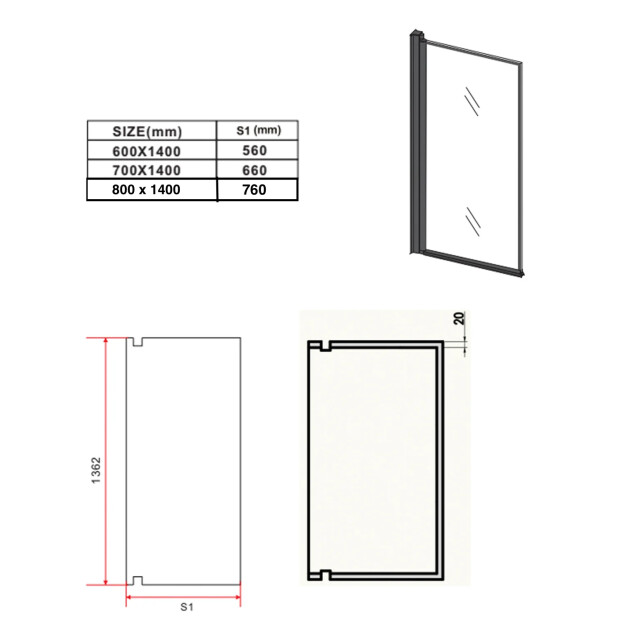 Badplaats Badwand medal 60 x 140 cm zwart badscherm draaibaar 5 mm dik - 3181194 large