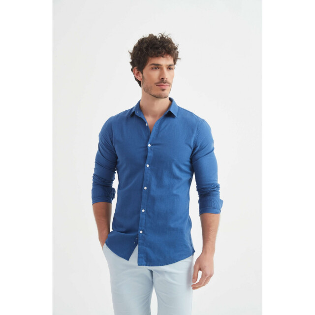 William de Faye Linnen shirt blauw WM25-154-BLEU large