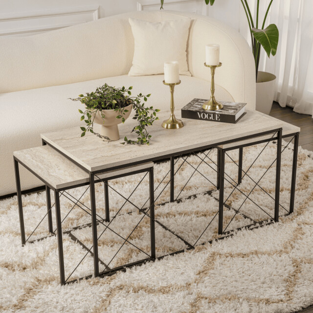 CaliCosy Set van 3 nestbare salontafels, travertin decor en zwart metaal l100 cm defne 3061979 large