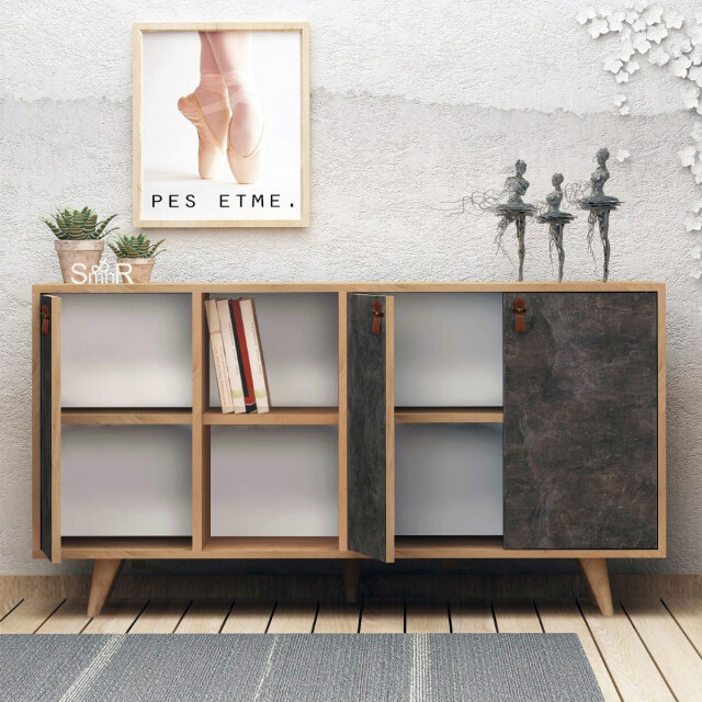 CaliCosy Buffet 3 deuren en 2 nissen in eiken en antracietgrijze steendecor l140 cm - 2930445 large