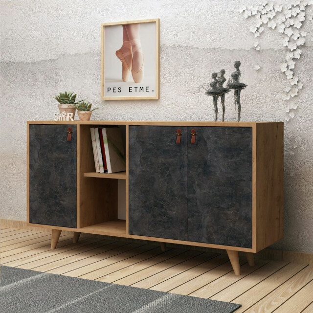CaliCosy Buffet 3 deuren en 2 nissen in eiken en antracietgrijze steendecor l140 cm - 2930445 large