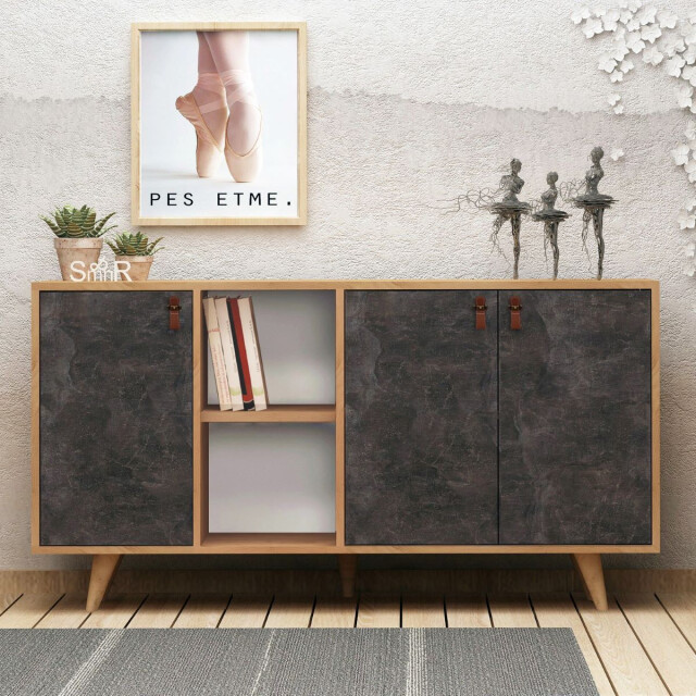 CaliCosy Buffet 3 deuren en 2 nissen in eiken en antracietgrijze steendecor l140 cm - 2930445 large