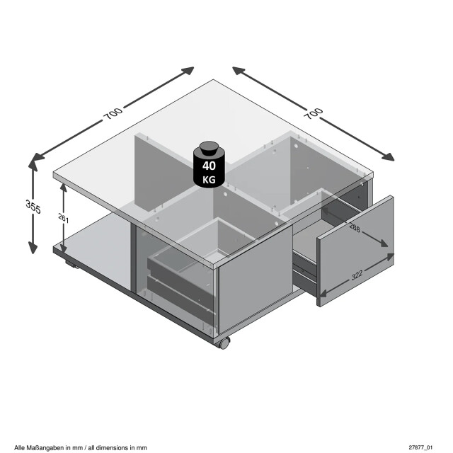 CaliCosy Salontafel op wielen 2 laden 2 vakken l70 cm twin 2936987 large