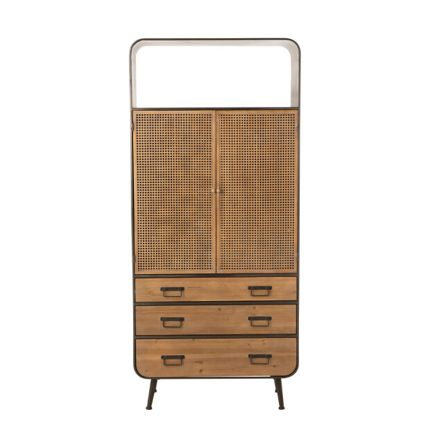 CaliCosy Hoge metalen kast met 2 deuren, 3 laden en rieten vlechtwerk 2931862 large
