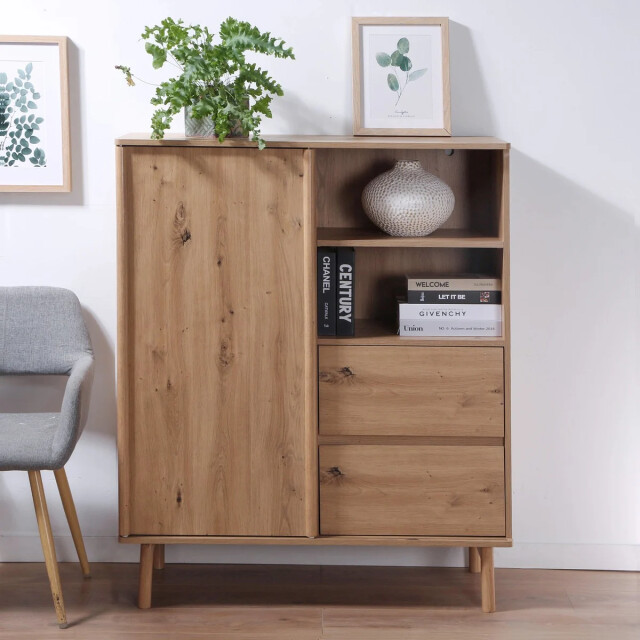 CaliCosy Hoge dressoir met 1 schuifdeur en 2 lades in eiken decor lenny 3071291 large