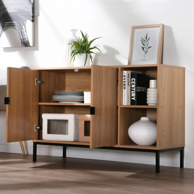 CaliCosy Dressoir met 2 deuren en 2 open vakken in groefhoutlook l110 cm tara 3040613 large