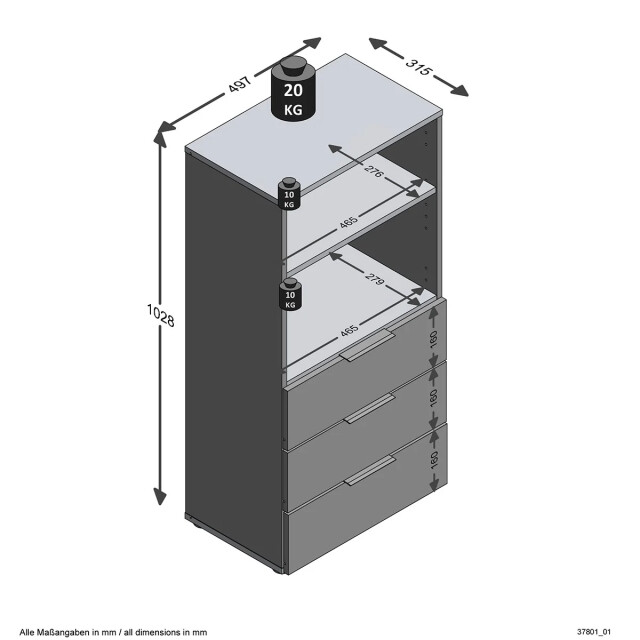 CaliCosy Ladenkast 3 lades 2 open nissen zwart l50 cm donker 2929819 large