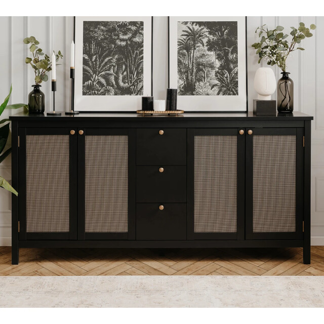 CaliCosy Buffet 4 deuren en 3 laden zwart en riet l180 cm krakow 2930694 large