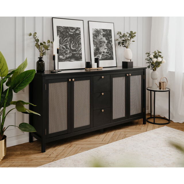 CaliCosy Buffet 4 deuren en 3 laden zwart en riet l180 cm krakow 2930694 large